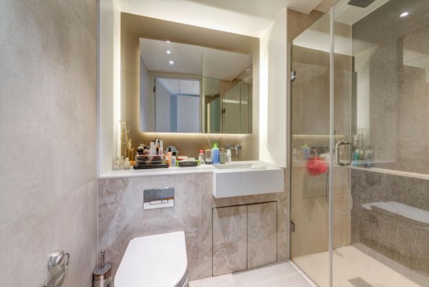 Bathroom, Glass Shower, Interior, Recessed Lighting