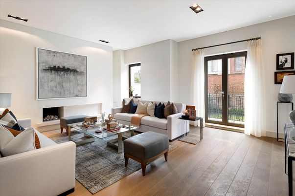 Fireplace, Interior, Living room, Recessed Lighting, Wood Texture Flooring