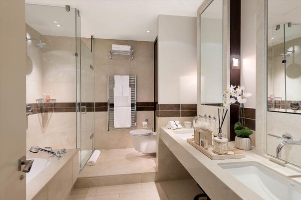 Bathroom, Dual Sink Vanities, Glass Shower, Interior, Recessed Lighting