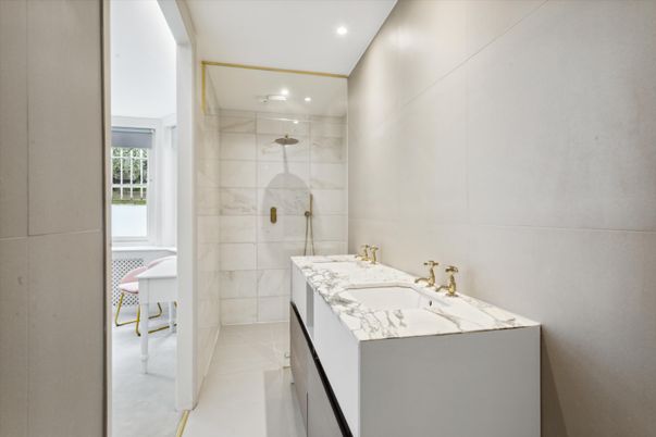 Bathroom, Glass Shower, Interior, Marble Walls, Recessed Lighting