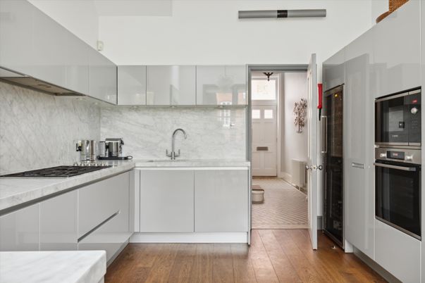 Interior, Kitchen, Marble Walls, Wood Texture Flooring