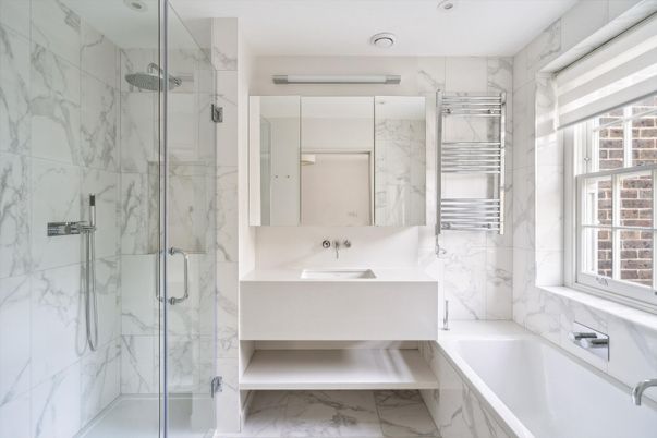 Bathroom, Glass Shower, Interior, Marble, Marble Walls, Recessed Lighting