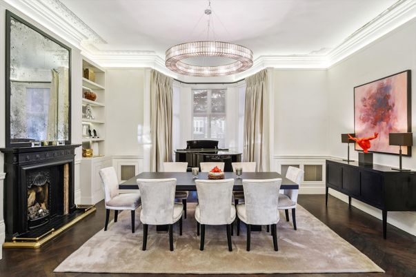 Dining room, Fireplace, Interior, Pendant Lights, Piano, Wood Texture Flooring