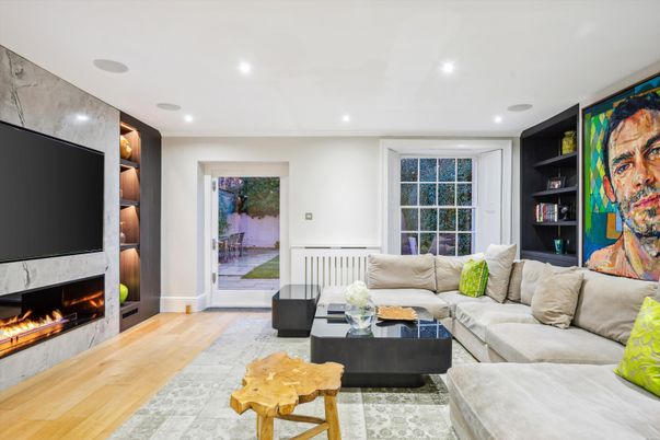 Fireplace, Interior, Living room, Recessed Lighting, Wood Texture Flooring