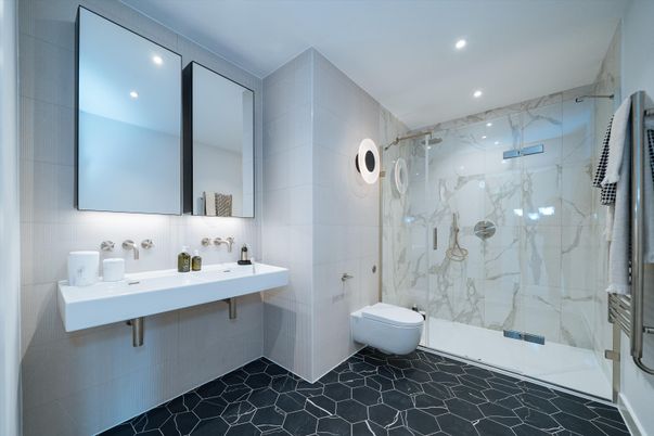 Bathroom, Glass Shower, Interior, Marble Walls, Recessed Lighting