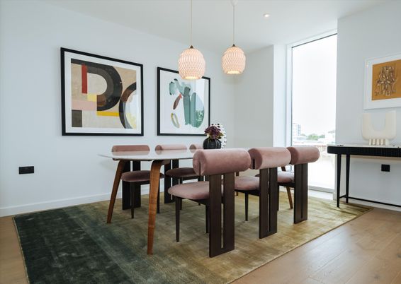 Dining room, Interior, Pendant Lights, Recessed Lighting, Wood Texture Flooring