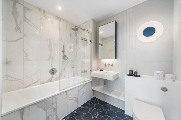 Bathroom, Glass Shower, Interior, Marble, Marble Walls, Recessed Lighting