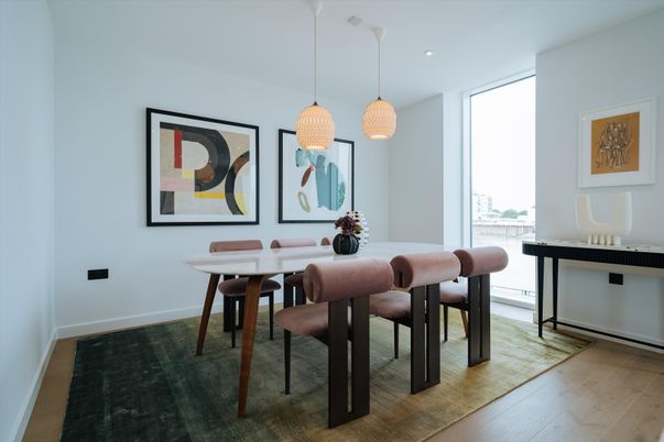 Dining room, Interior, Pendant Lights, Recessed Lighting, Wood Texture Flooring