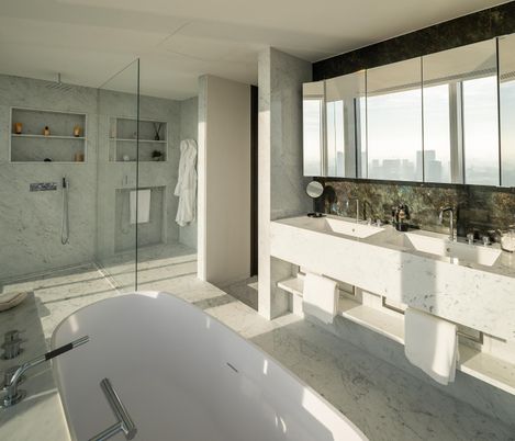 Bathroom, Free Standing Baths, Glass Shower, Interior, Marble, Marble Walls