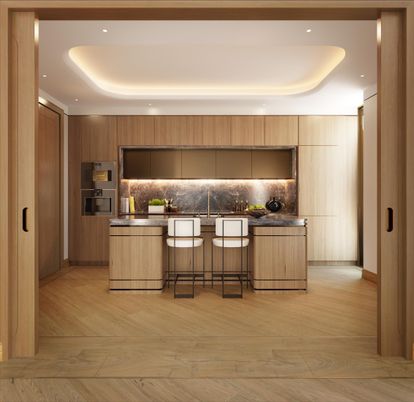 Interior, Kitchen, Recessed Lighting, Stainless Steel Appliances, Wood Texture Flooring