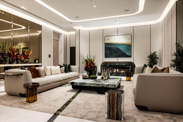 Fireplace, Interior, Living room, Marble, Recessed Lighting