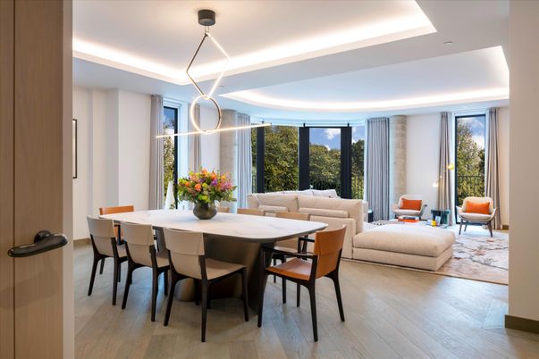 Dining room, Interior, Living room, Pendant Lights, Wood Texture Flooring