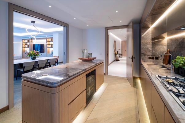 Dining room, Interior, Kitchen, Pendant Lights, Recessed Lighting, Wood Texture Flooring