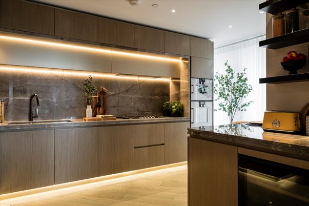 Interior, Kitchen, Recessed Lighting, Stainless Steel Appliances, Wood Texture Flooring