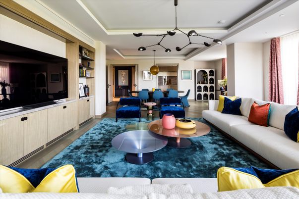 Dining room, Interior, Living room, Pendant Lights, Recessed Lighting, Wood Texture Flooring