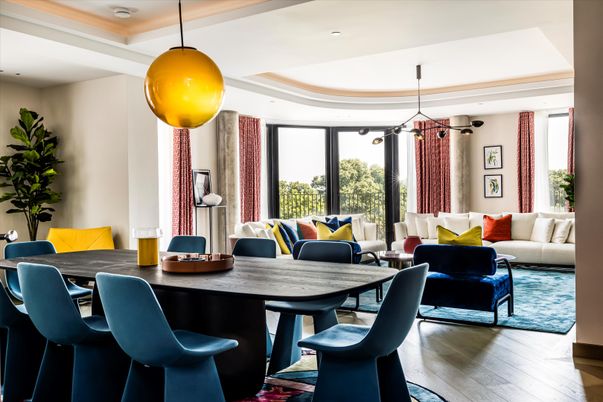Dining room, Interior, Living room, Pendant Lights, Recessed Lighting, Wood Texture Flooring