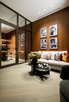 Interior, Living room, Recessed Lighting, Wood Texture Flooring, Wooden Walls