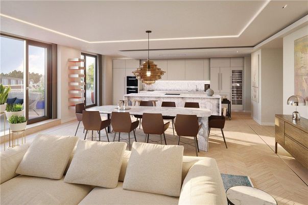 Chandelier, Dining room, Interior, Kitchen, Living room, Pendant Lights, Recessed Lighting, Stainless Steel Appliances, Wood Texture Flooring