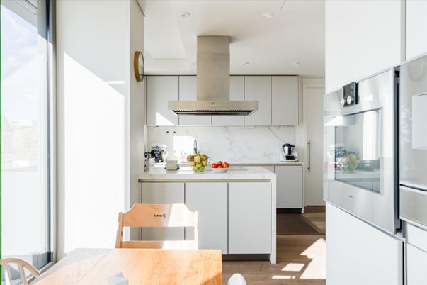 Interior, Kitchen, Marble Walls, Recessed Lighting, Stainless Steel Appliances, Wood Texture Flooring
