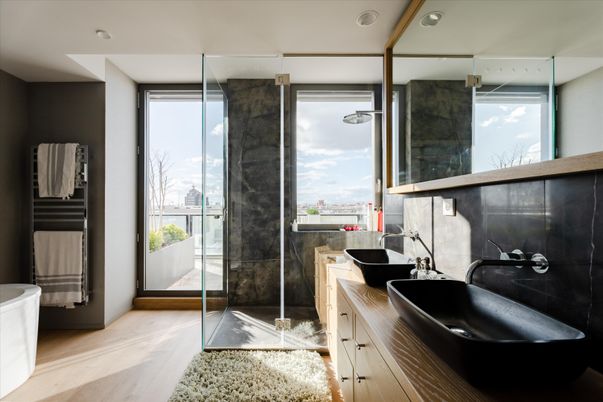 Bathroom, Glass Shower, Interior, Recessed Lighting, Wood Texture Flooring
