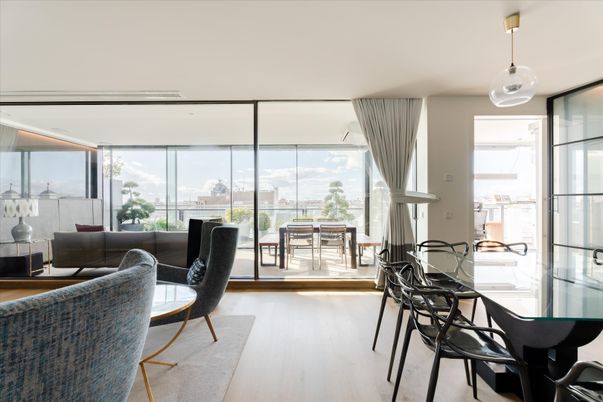 Dining room, Interior, Living room, Pendant Lights, Wood Texture Flooring