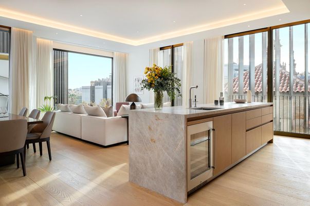 Dining room, Interior, Kitchen, Living room, Recessed Lighting, Stainless Steel Appliances, Wood Texture Flooring