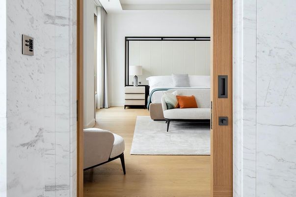 Bedroom, Interior, Marble Walls, Wood Texture Flooring