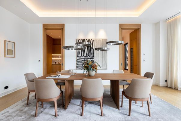 Dining room, Interior, Pendant Lights, Recessed Lighting, Wood Texture Flooring