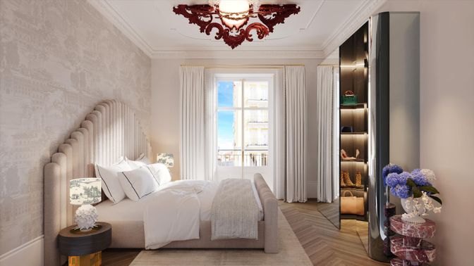 Bedroom, Chandelier, Interior, Wood Texture Flooring