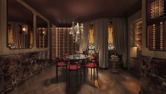 Chandelier, Dining room, Interior, Pendant Lights, Wine Storage, Wood Texture Flooring