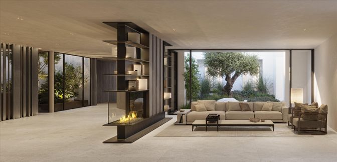Fireplace, Interior, Living room, Recessed Lighting