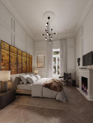 Bedroom, Fireplace, Interior, Pendant Lights, Recessed Lighting, Wood Texture Flooring