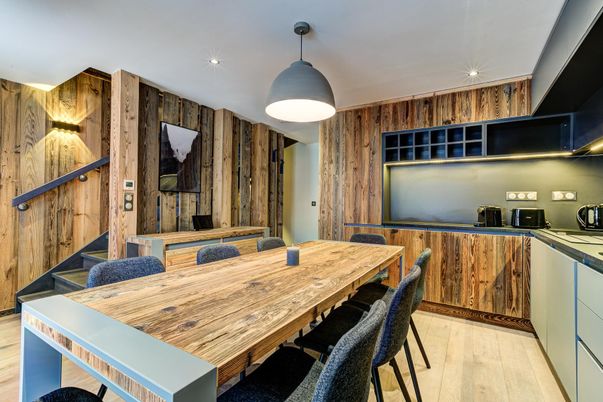 Dining room, Interior, Recessed Lighting, Wood Texture Flooring, Wooden Walls