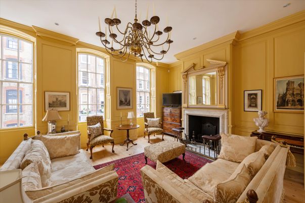 Chandelier, Fireplace, Interior, Living room, Recessed Lighting, Wood Texture Flooring