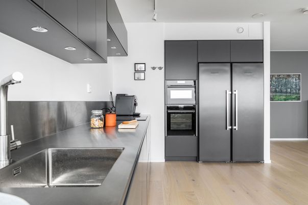 Interior, Kitchen, Stainless Steel Appliances, Wood Texture Flooring