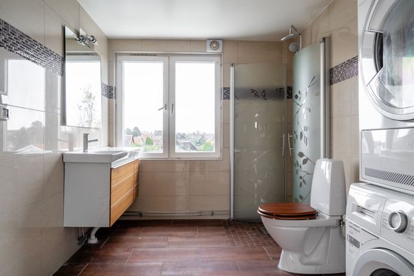 Bathroom, Interior, Marble Walls, Washer, Wood Texture Flooring