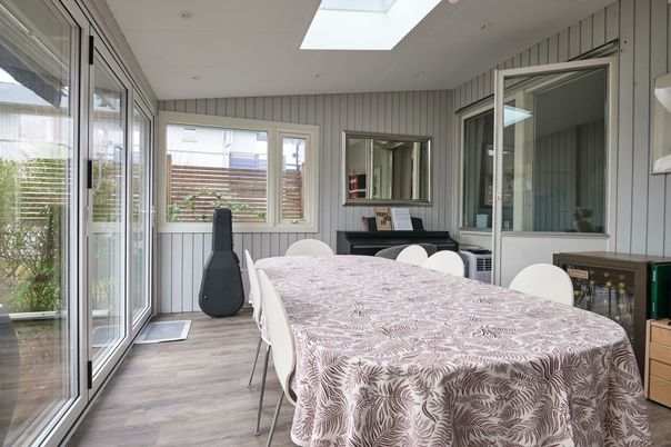 Dining room, Interior, Recessed Lighting, Wood Texture Flooring
