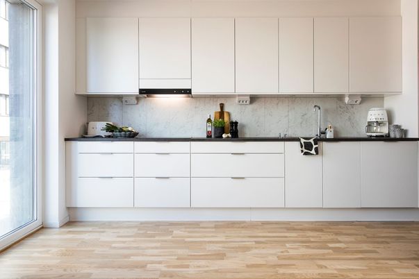 Interior, Kitchen, Marble Walls, Wood Texture Flooring