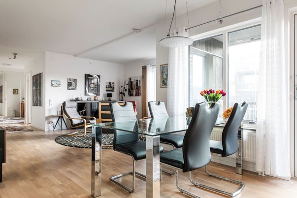Dining room, Interior, Pendant Lights, Wood Texture Flooring