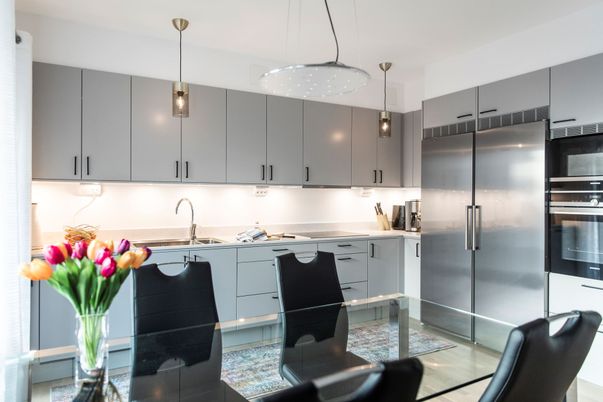 Interior, Kitchen, Pendant Lights, Stainless Steel Appliances, Wood Texture Flooring