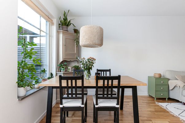 Dining room, Interior, Pendant Lights, Wood Texture Flooring