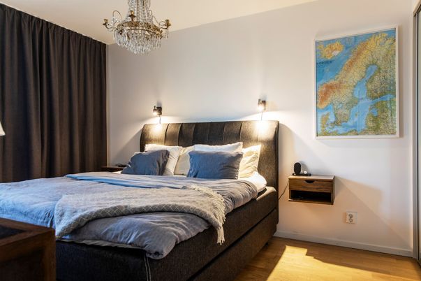 Bedroom, Chandelier, Interior, Wood Texture Flooring