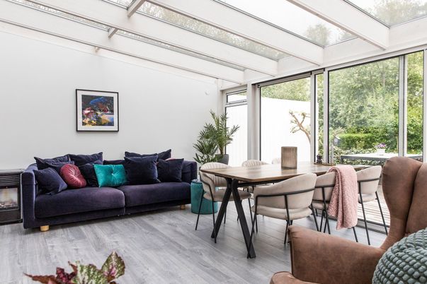 Dining room, Glass Ceilings, Interior, Sun Room, Wood Texture Flooring