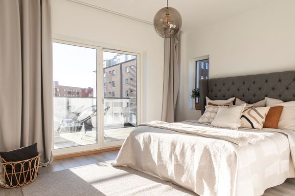 Bedroom, Interior, Pendant Lights, Wood Texture Flooring