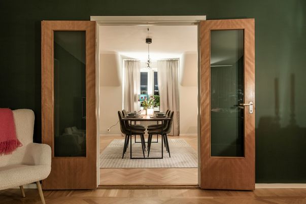 Dining room, Interior, Pendant Lights, Wood Texture Flooring