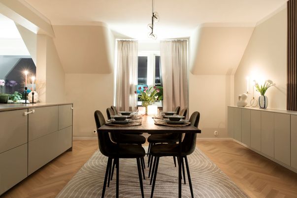 Dining room, Interior, Pendant Lights, Wood Texture Flooring