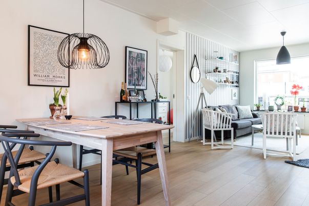 Dining room, Interior, Pendant Lights, Wood Texture Flooring