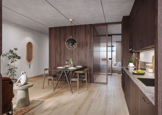 Dining room, Interior, Living room, Pendant Lights, Wood Texture Flooring
