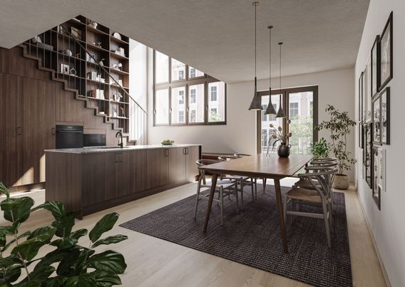 Dining room, Interior, Pendant Lights, Wood Texture Flooring