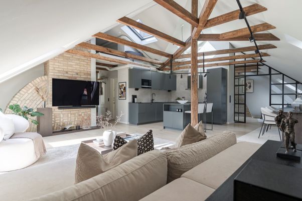 Dining room, Fireplace, Interior, Kitchen, Living room, Stone Walls, Wooden Beams, Wood Texture Flooring